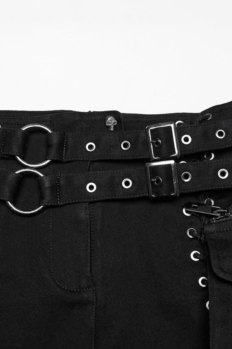 Black Lace-Up Women's Punk Denim Shorts with Detachable Pocket - Product - 5