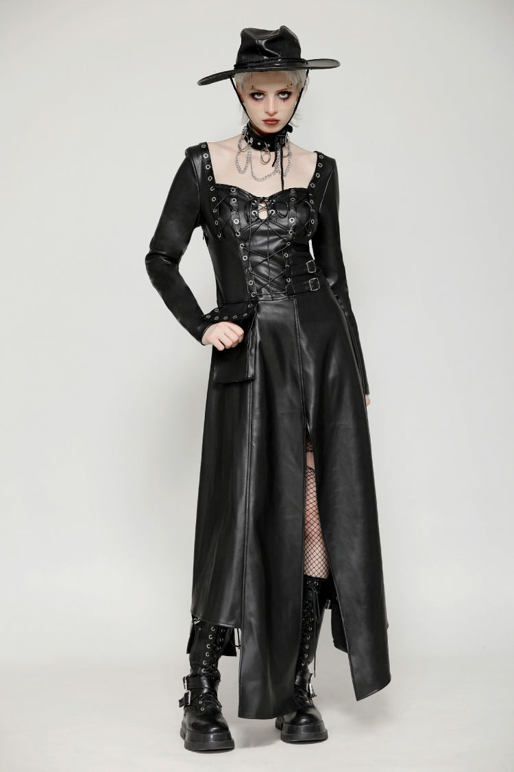 Black Women's Punk Long Sleeves Cut-Out Side Slit Irregular Hem Dress - Product - 6