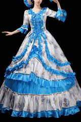 Floral Print Half Sleeves Stitching Ruffled Multi-Layer Victorian Lolita Prom Dress - blue - 8