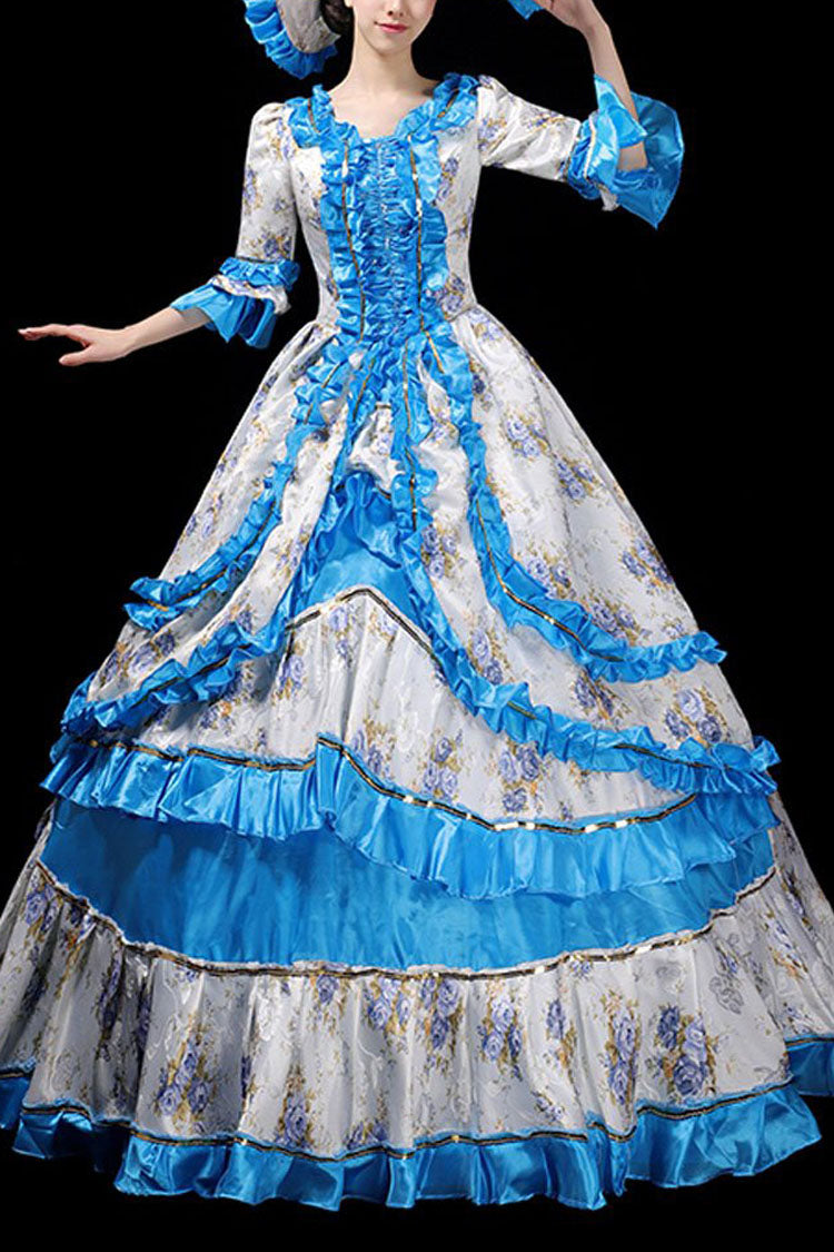 Floral Print Half Sleeves Stitching Ruffled Multi-Layer Victorian Lolita Prom Dress - blue - 8