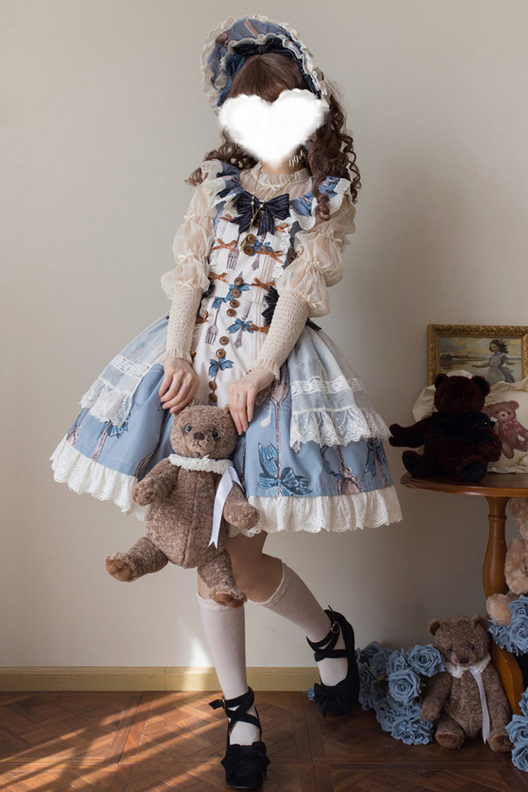 Blue [The Witch’s Banquet] Sleeveless Printed Ruffled Embroidered Bow Lace Sweet Lolita Jsk Dress - Product - 5