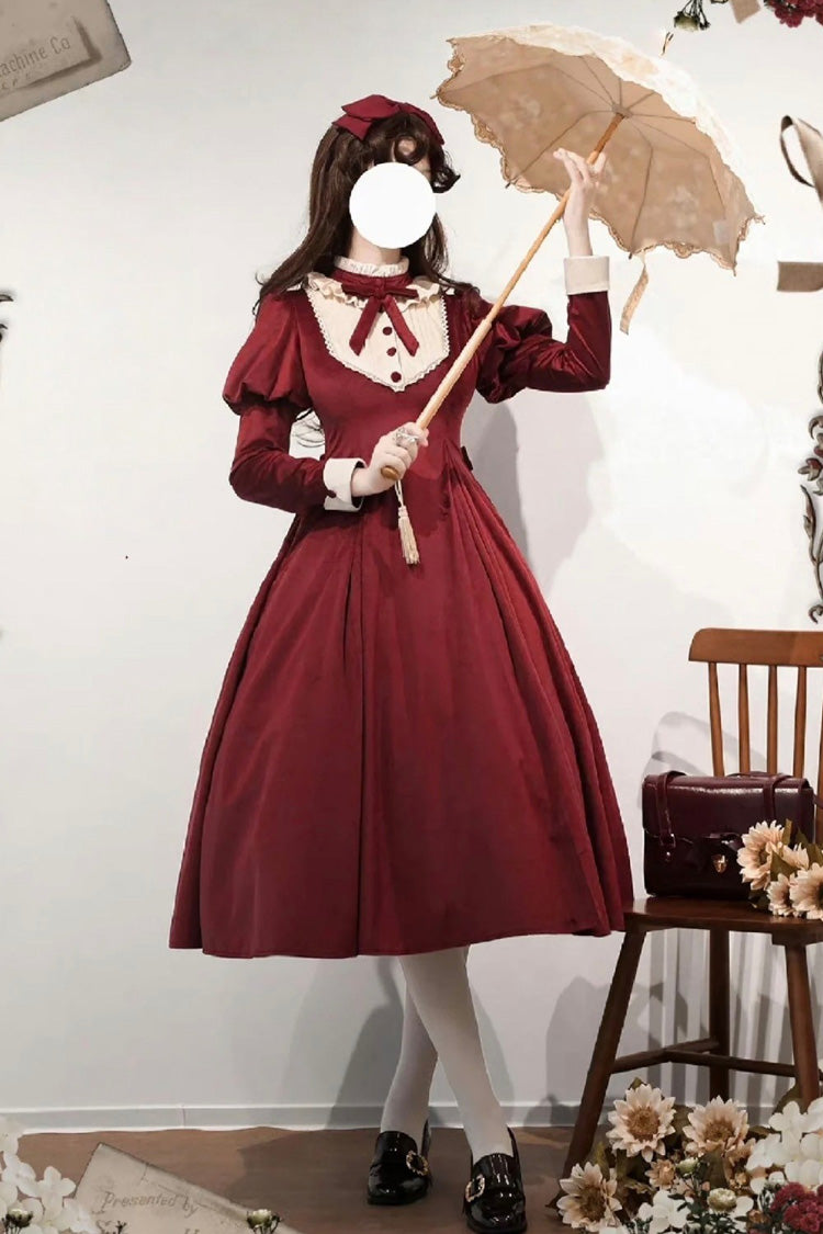 Wine Red [New Year] Stand Collar Long Sleeves Ruffled Bow Classic Lolita Dress - Product - 3