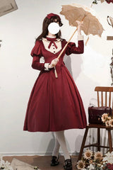 Wine Red [New Year] Stand Collar Long Sleeves Ruffled Bow Classic Lolita Dress - Product - 3