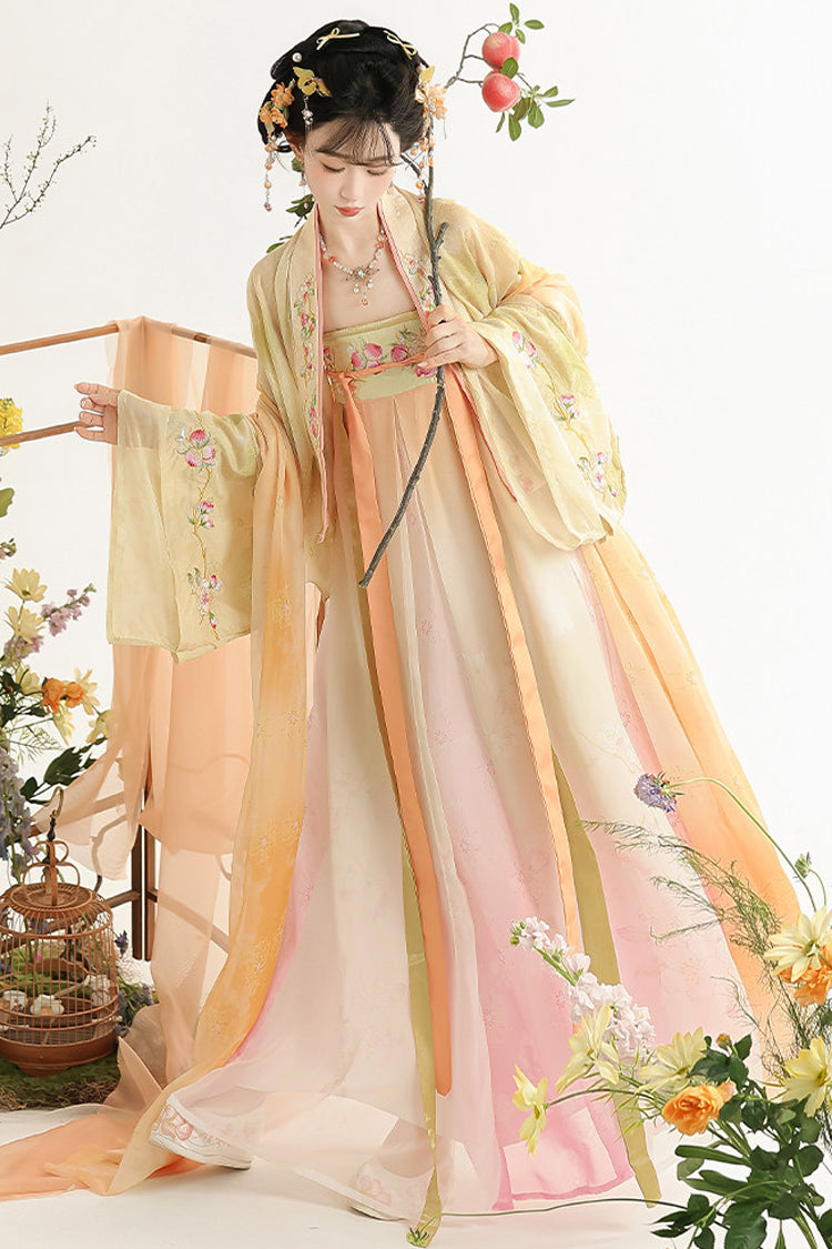 Multi-Color [Early Summer in Taoyuan] High Waisted Printed Embroidered Women's Sweet Hanfu Dress Set - Product - 2