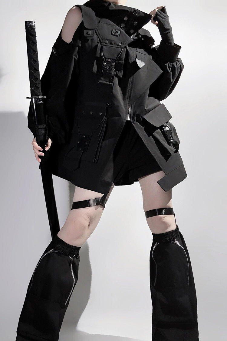 Black Techwear Long Sleeves Hooded Zippered Ouji Gothic Cool Lolita Set - Product - 2