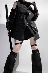 Black Techwear Long Sleeves Hooded Zippered Ouji Gothic Cool Lolita Set - Product - 2