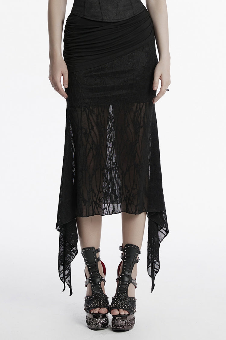 Black Irregular Mesh Ruched Women's Punk Fishtail Skirt - Black - 1