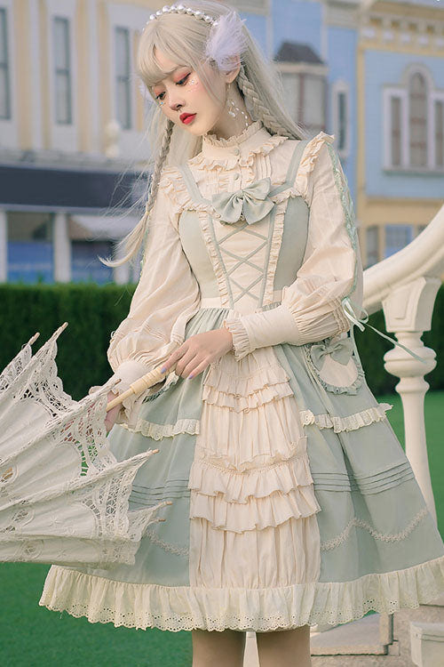 Light Green Japanese Country Style Bowknot Cardigan Ruffled Sweet Lolita JSK Dress - Product - 3