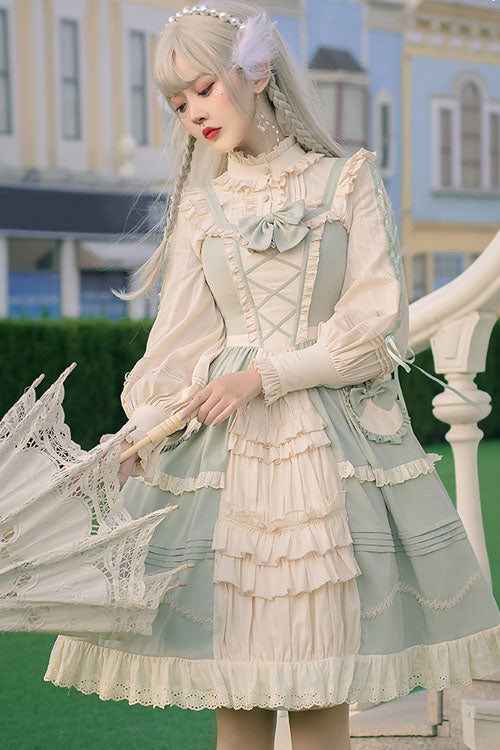 Light Green Japanese Country Style Bowknot Cardigan Ruffled Sweet Lolita JSK Dress - Product - 3