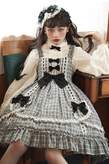 Black/White High Waist Bowknot Ruffled Plaid Sweet Lolita JSK Dress - Product - 3
