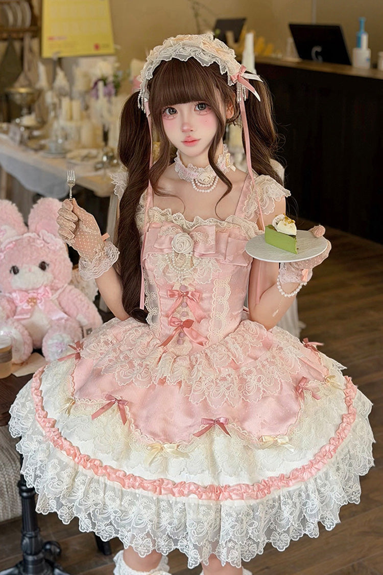 Pink [Rose Feather Romance] Square Collar Ruffled Bow Lace Ballet Sweet Lolita Jsk Dress - Product - 6