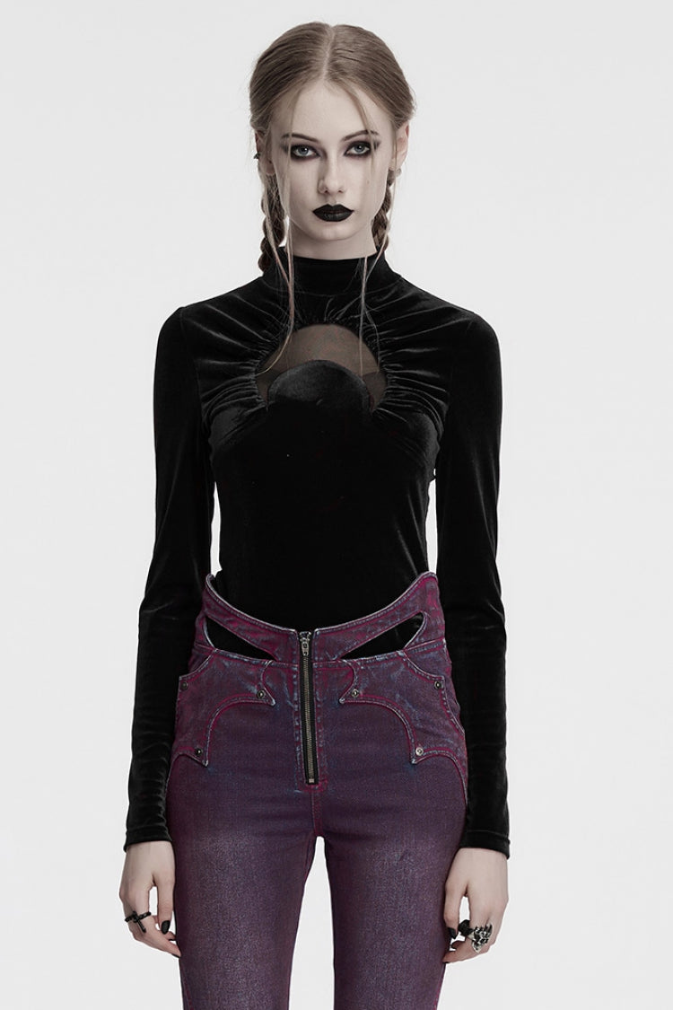 Black Moon Print Mesh Ruched Women's Gothic Blouse - Black - 1