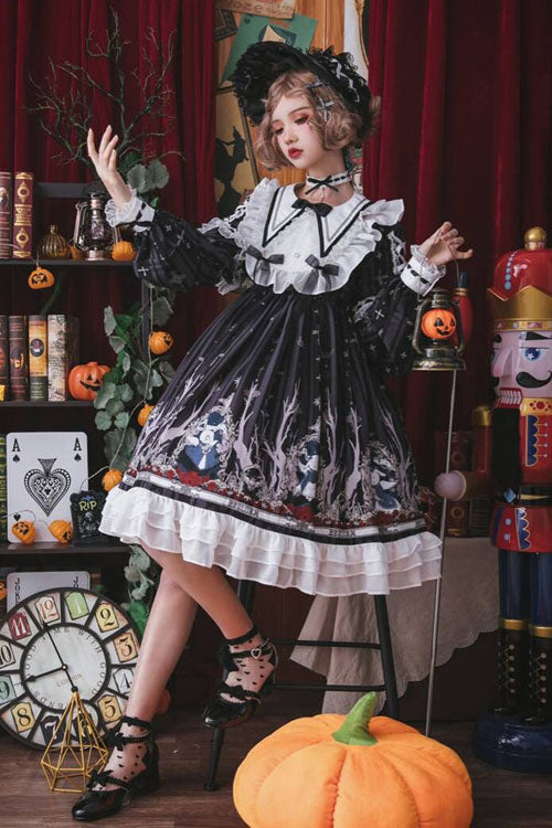 Black Rabbit'S Requiem Round Collar Long Sleeves College Style Gothic Lolita OP Dress - Product - 4