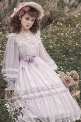 Light Purple Long Sleeves Ruffle Bowknot Lace Sweet Plus Size Elegant Lolita Dress - Product - 8