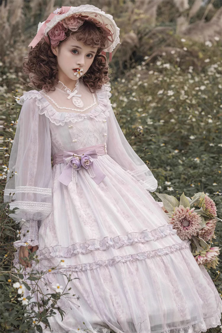 Light Purple Long Sleeves Ruffle Bowknot Lace Sweet Plus Size Elegant Lolita Dress - Product - 8
