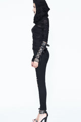 Black Hooded Ripped Finger Covered Splice Mesh Leather Loop Lace Up Women's Punk Shirt - Product - 6