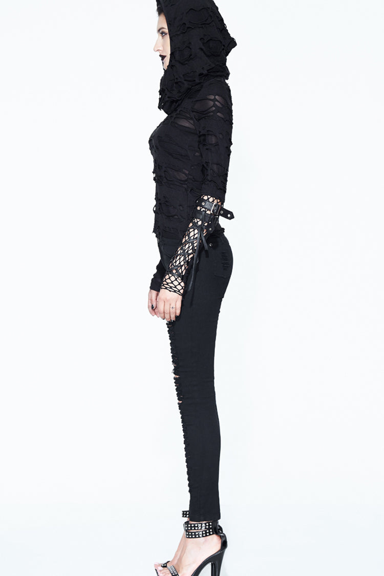 Black Hooded Ripped Finger Covered Splice Mesh Leather Loop Lace Up Women's Punk Shirt - Product - 6