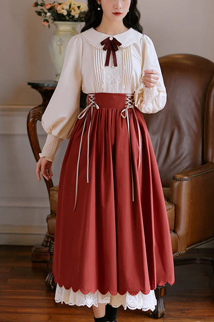 Solid Color High Waisted Lace Wave Hem Two Pieces Classic Lolita Dress - Wine - 7