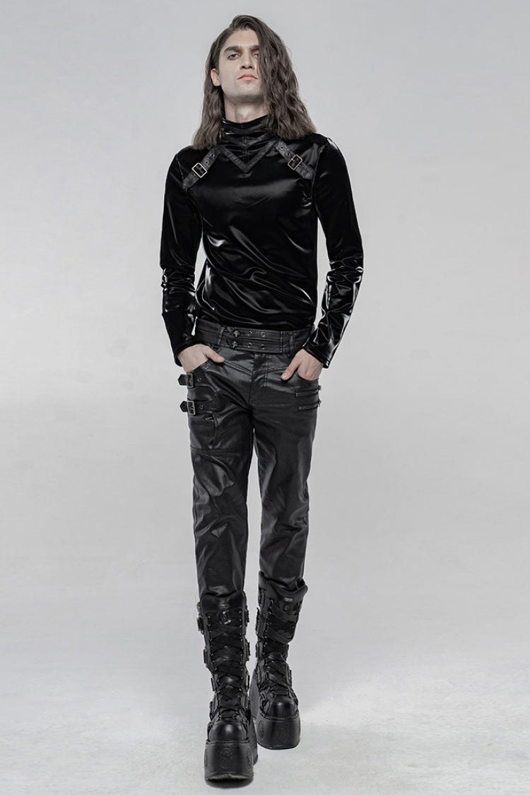 Black Faux Leather Metal Buckle Side Zipper Men's Steampunk Pants - Product - 4