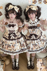 [Chocolate Cake Party] Square Collar Sleeveless Printed Ruffled Bow Daily Sweet Lolita Jsk Dress 2 Colors - Product - 5