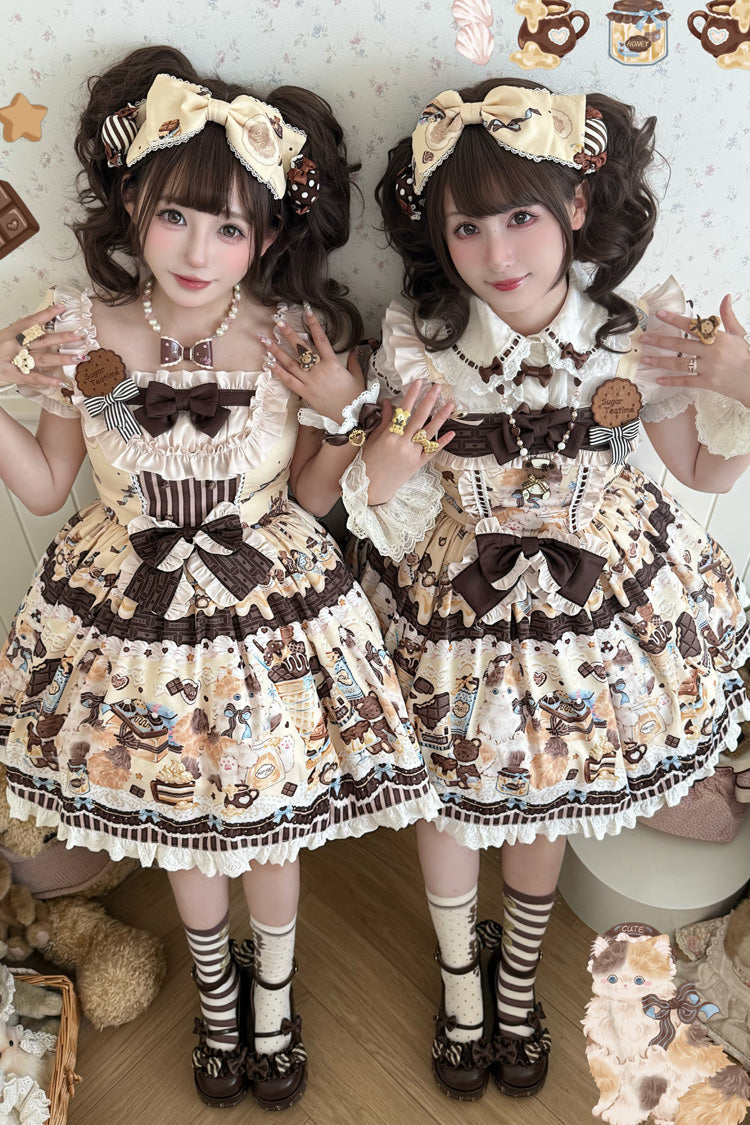 [Chocolate Cake Party] Square Collar Sleeveless Printed Ruffled Bow Daily Sweet Lolita Jsk Dress 2 Colors - Product - 5