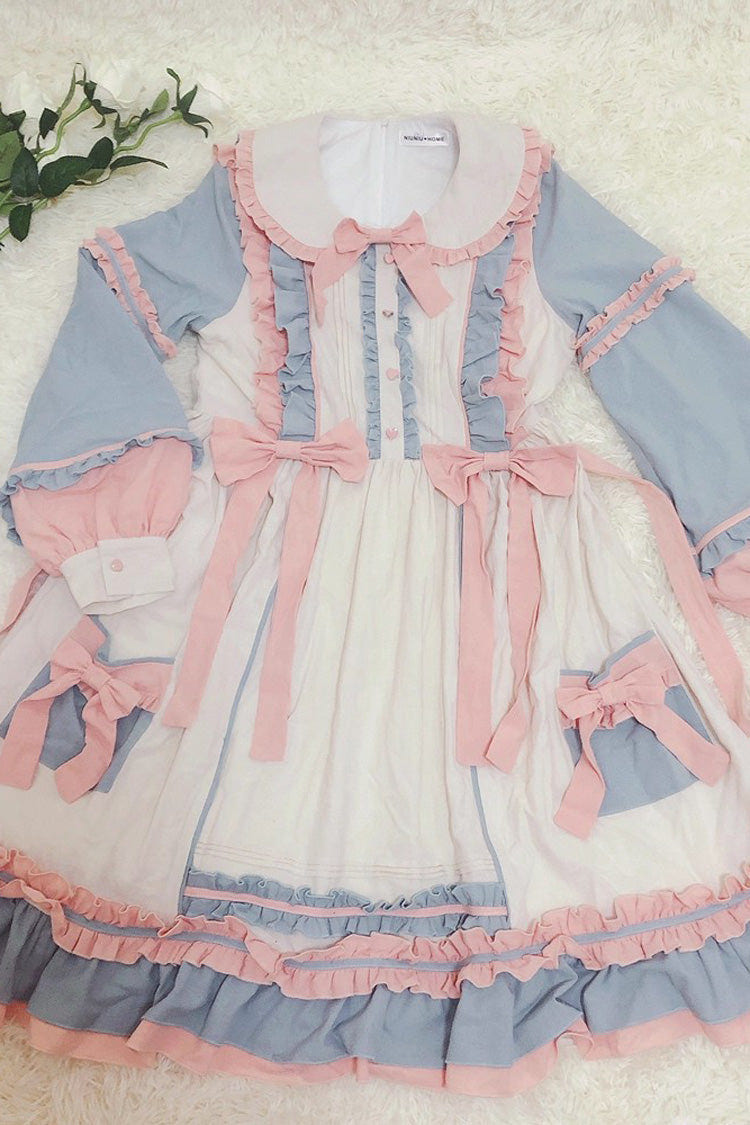 ブルー／ピンク [Sweetheart Puff] 丸襟 長袖 フリル リボン スウィート 大きいサイズ ロリータワンピース 商品画像