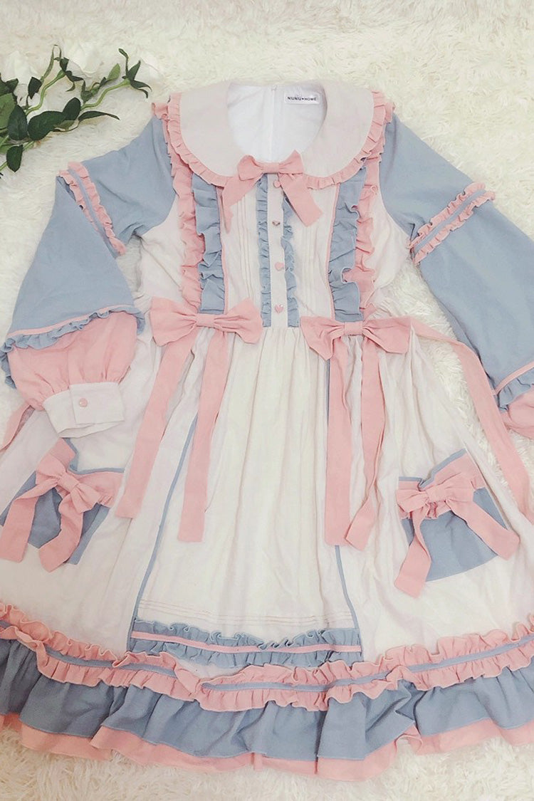 Blue/Pink [Sweetheart Puff] Doll Collar Long Sleeves Ruffle Bowknot Sweet Plus Size Lolita Dress - Product - 9