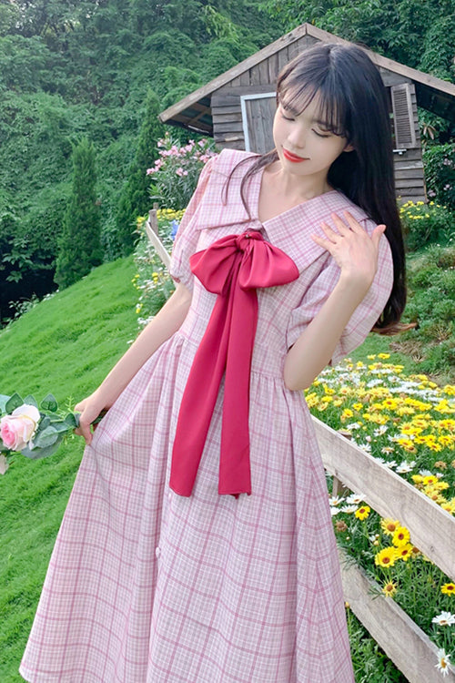 Pink Navy Lapel Collar Check Short Sleeves High Waisted Long Plus Size Sweet Lolita Dress - Product - 3