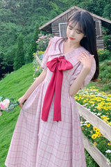 Pink Navy Lapel Collar Check Short Sleeves High Waisted Long Plus Size Sweet Lolita Dress - Product - 3