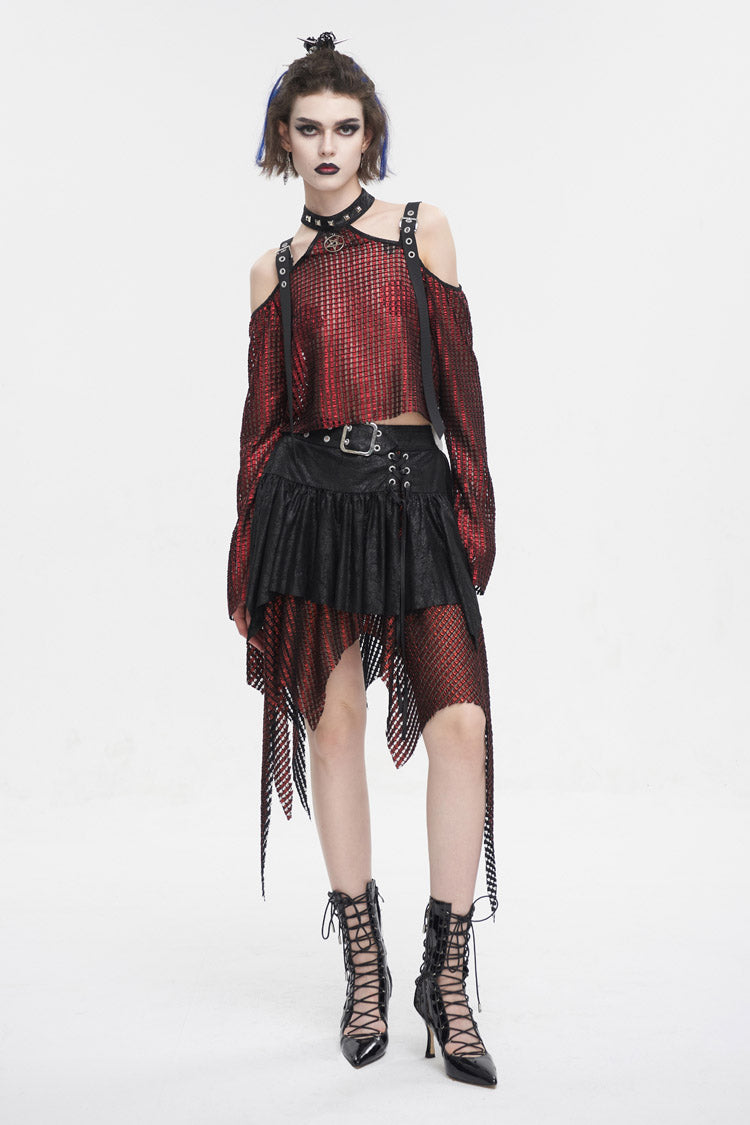 Red/Black Lrregular Mesh Splice Buckle Women's Gothic Skirt - Product - 7