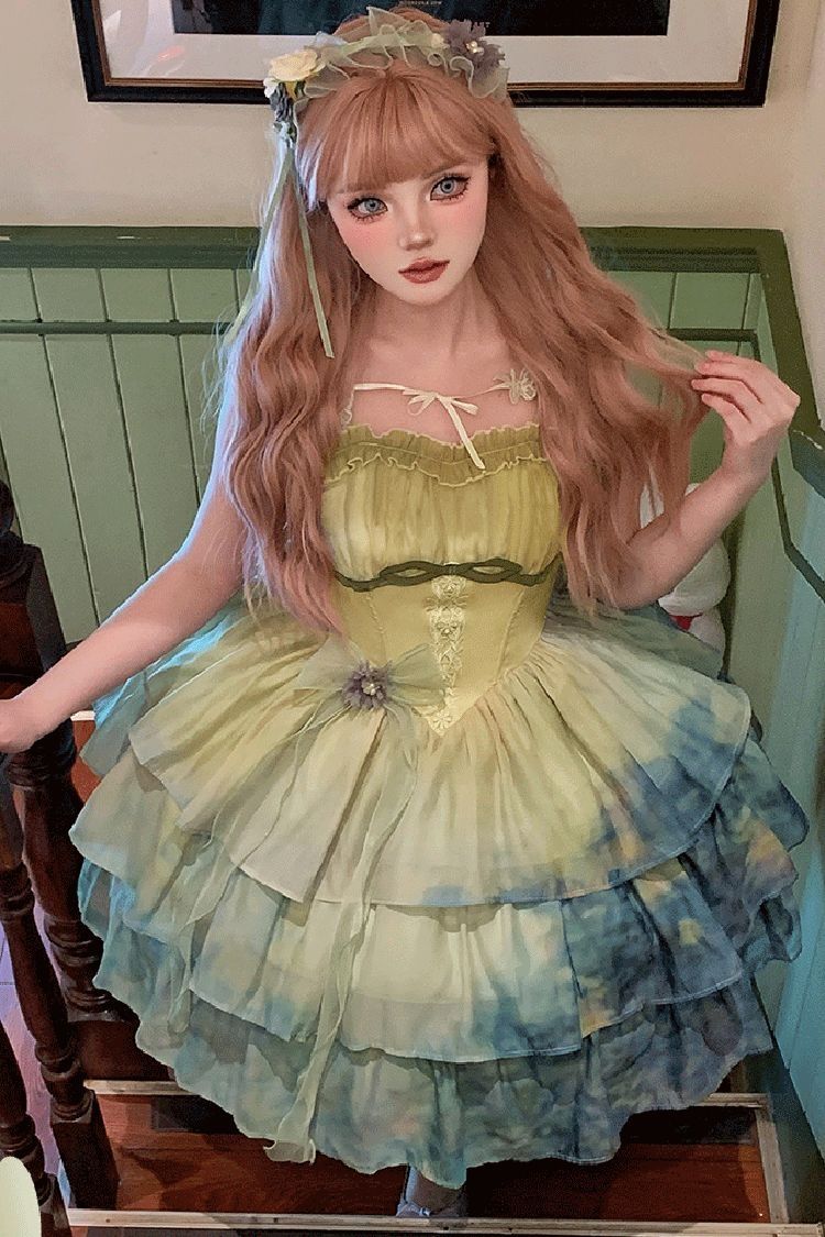 Green Gradient The Forty-Fourth Sunset Oil Painting Triple-Layered Ruffle Bowknot Sweet Lolita Jsk Dress - Product - 4