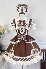 Brown Short Sleeves Print Ruffle Bowknot Sweet Princess Lolita Jsk Dress Set - Product - 2