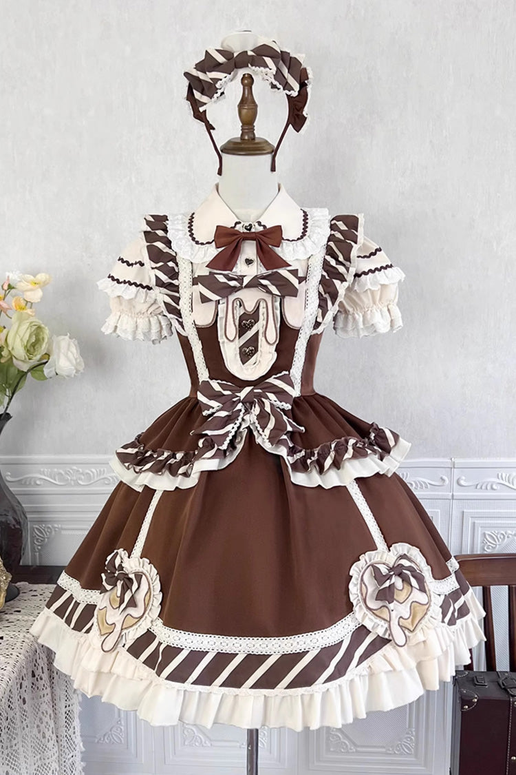 Brown Short Sleeves Print Ruffle Bowknot Sweet Princess Lolita Jsk Dress Set - Product - 2