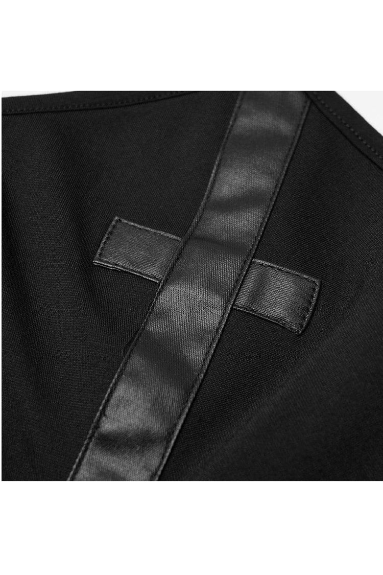 Black High Collar Long Sleeve Front Metal Ring Woven Tape Decoration Irregular Hem Women's Punk T-Shirt - Product - 8