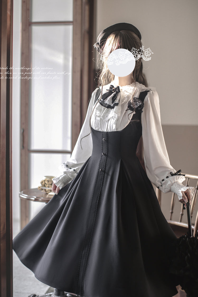 Black/White [Sunset Academy] Long Sleeves Ruffle Bowknot Fake Two Pieces Vintage College Style Elegant Lolita Dress - Product - 6