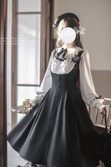 Black/White [Sunset Academy] Long Sleeves Ruffle Bowknot Fake Two Pieces Vintage College Style Elegant Lolita Dress - Product - 6