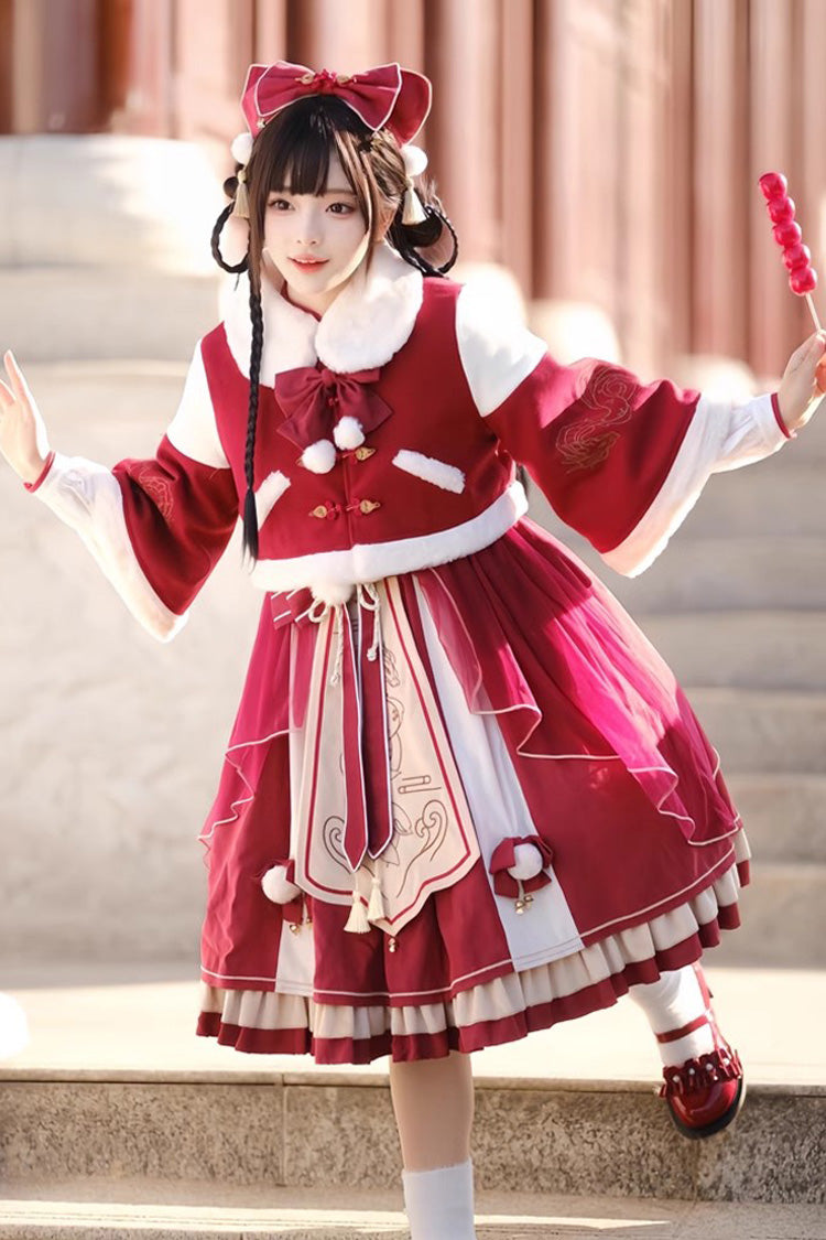 Red Double-Layered Dragon Print Bowknot Lace Sweet Lolita Jsk Dress - Red - 1