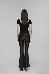 Black Round Collar Short Sleeves Slim Sheer Ripped Studded Women's Punk T-Shirt - Product - 3