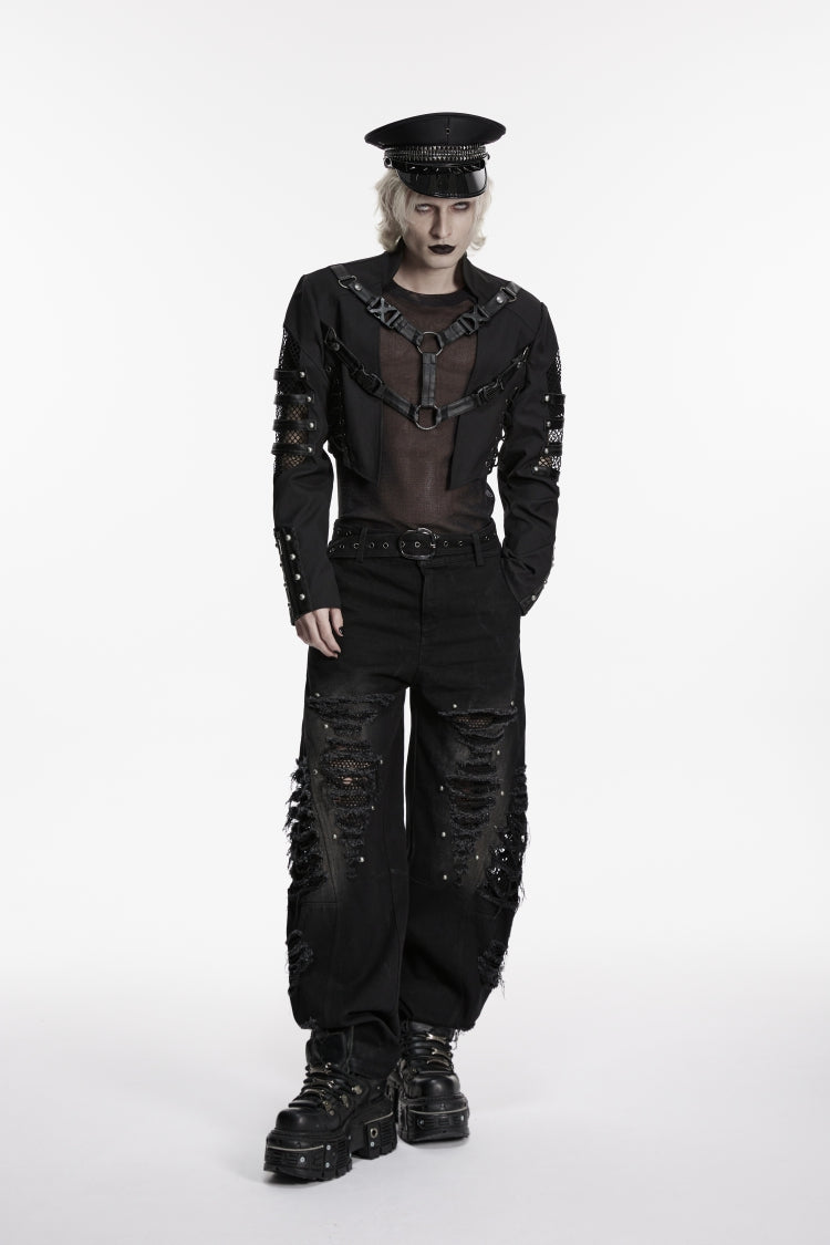 Black Stand Collar Long Sleeves Spliced Lace-Up Mesh Studded Buckled Eyelet Men's Punk Jacket - Product - 6