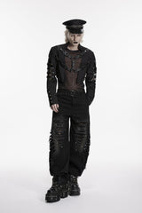 Black Stand Collar Long Sleeves Spliced Lace-Up Mesh Studded Buckled Eyelet Men's Punk Jacket - Product - 6