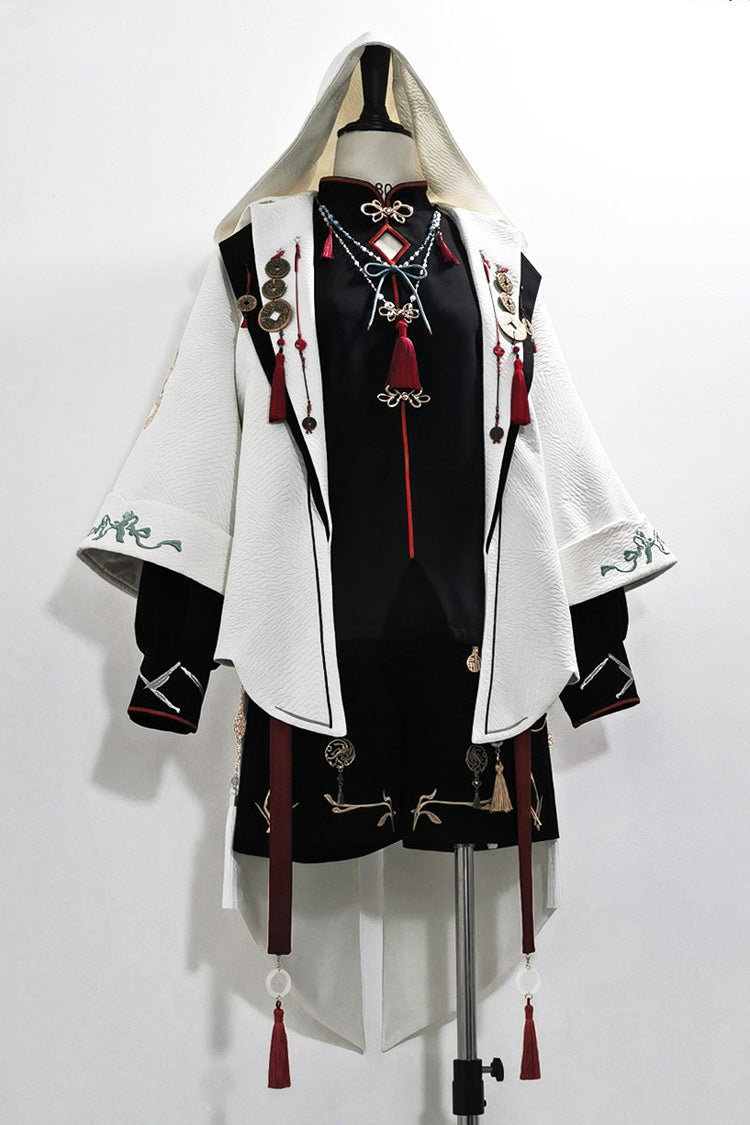 Black/White [Mountain Spirit] Long Sleeves Embroidered Hooded Classic Chinese Inspired Ouji Lolita Shorts Set - Product - 12