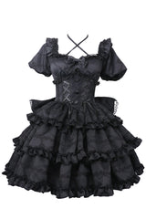 Pink Square Collar Short Sleeves Triple-Layered Ruffle Bowknot Sweet Lolita Dress - Black - 5