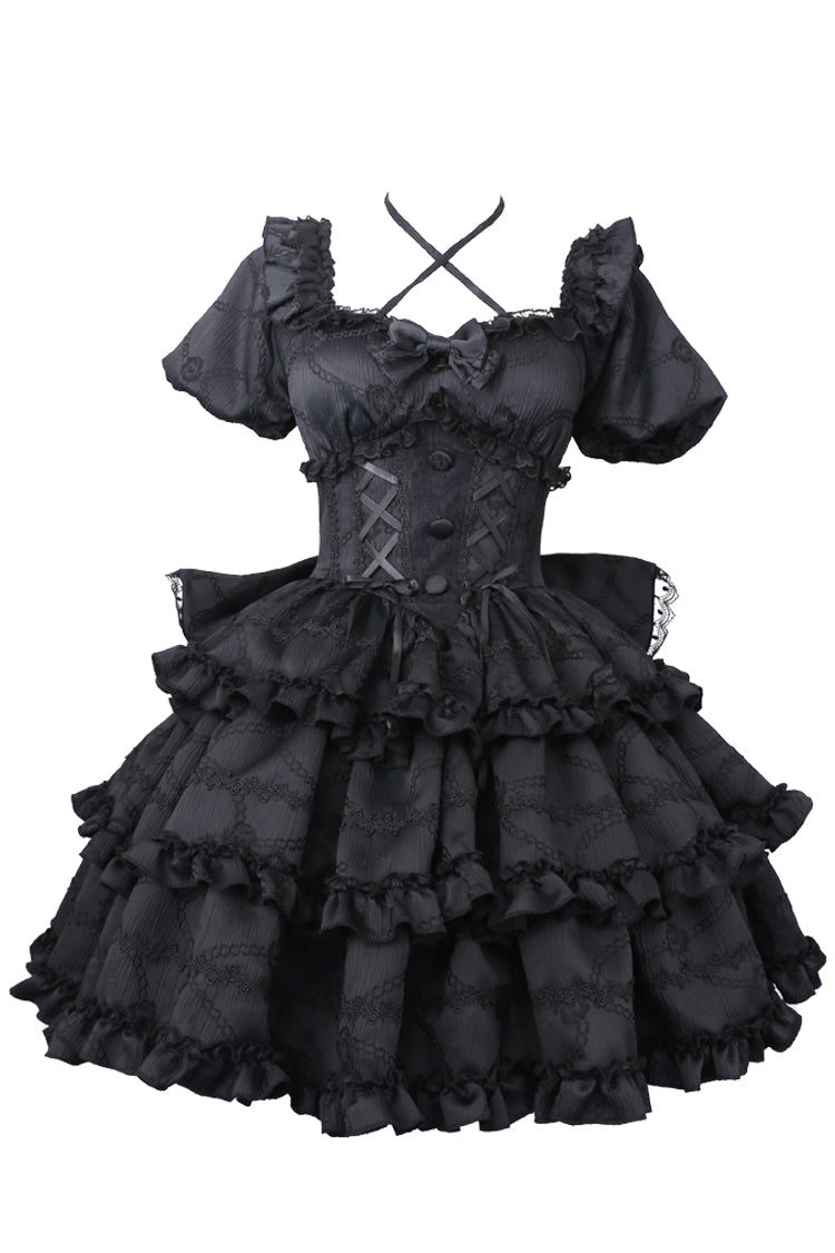 Pink Square Collar Short Sleeves Triple-Layered Ruffle Bowknot Sweet Lolita Dress - Black - 5