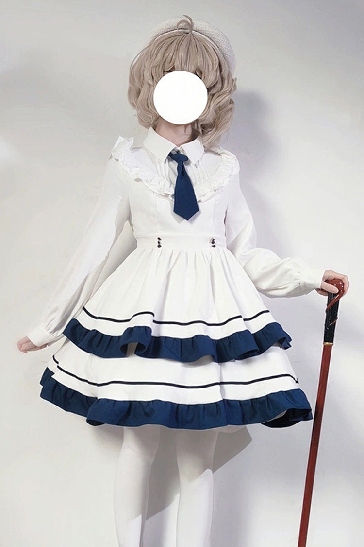 White Long Sleeves Double-Layered Ruffle Sweet College Style Lolita Dress - Product - 8
