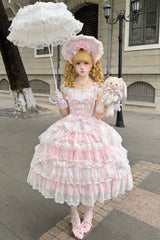 Pink [Eternal Floral Message] Square Collar Sleeveless Multi-Layered Hanayome Embroidered Bow Lace Sweet Lolita Jsk Dress - Product - 5