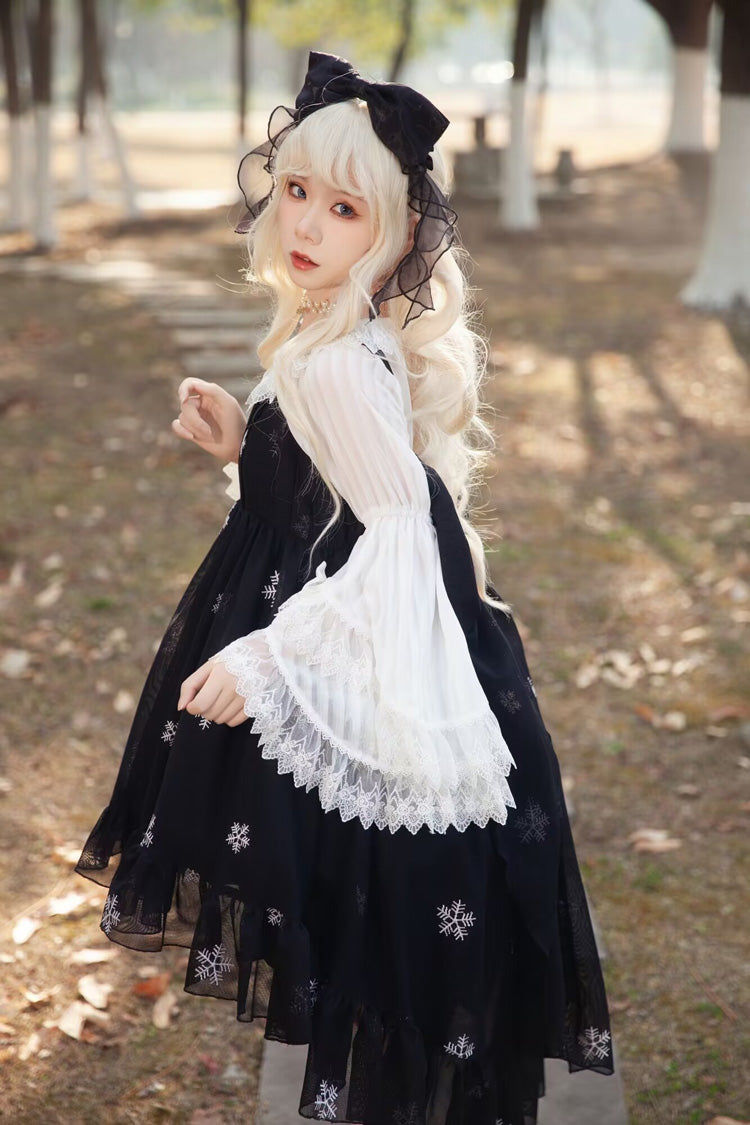 [Feather Snowflake Embroidery] Print Sleeveless Ruffle Bowknot Sweet Lolita Jsk Dress 3 Colors - Product - 9