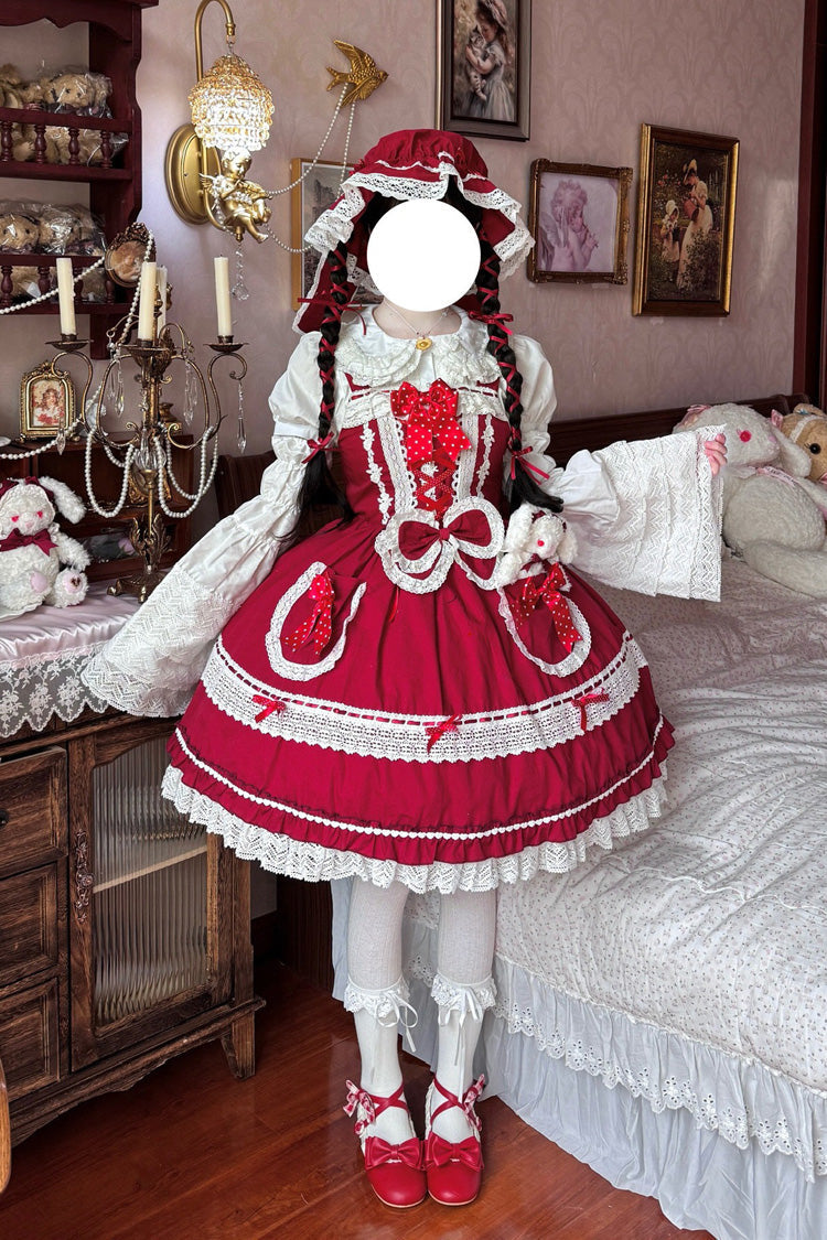 Red [Bobo Bunny Doll] Printed Ruffled Bow Lace-Up Sweet Lolita Jsk Dress 2 Colors - Product - 5