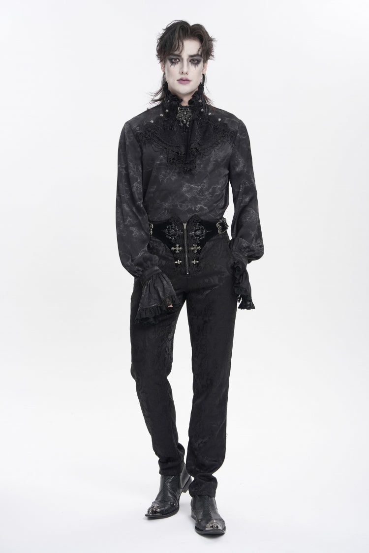 Black Stand Collar Long Trumpet Sleeves Printed Bow Lace Pearl-Decorated Men's Gothic Gorgeous Shirt - Product - 7