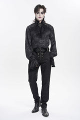 Black Stand Collar Long Trumpet Sleeves Printed Bow Lace Pearl-Decorated Men's Gothic Gorgeous Shirt - Product - 7