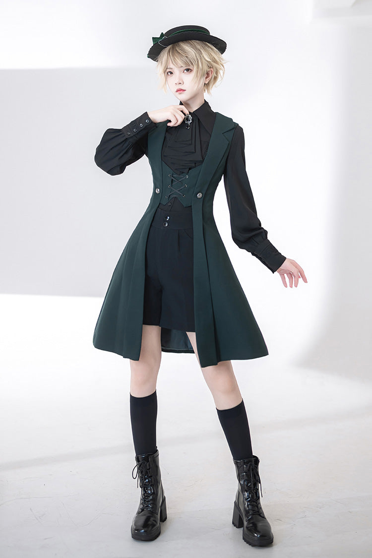 Green Lace-Up Slim Gothic Vintage Handsome Ouji Lolita Vest - Green - 1